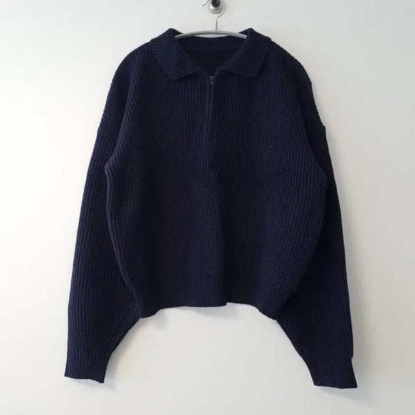 [BUNJANG] Navy Knit Zip-Up Sweater / 네이비 니트 반집업 스웨터