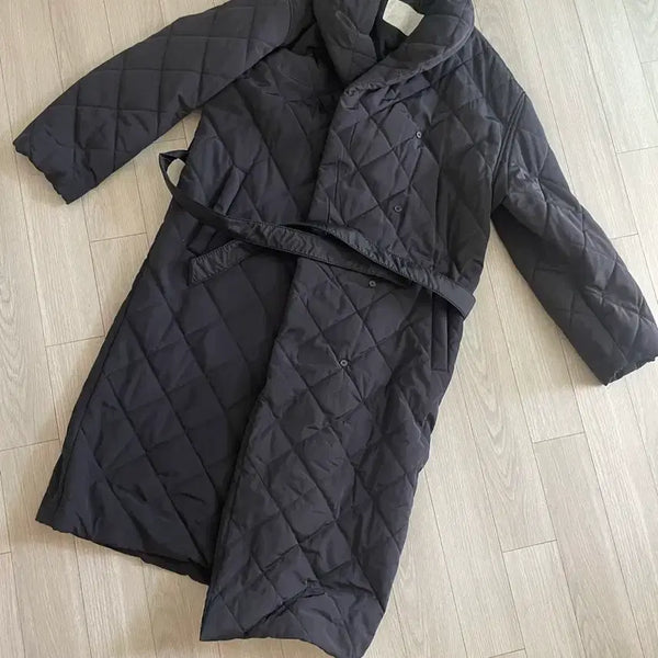 [BUNJANG] Women's Quilted Long Coat - Black / 여성용 퀼팅 롱 코트 검정