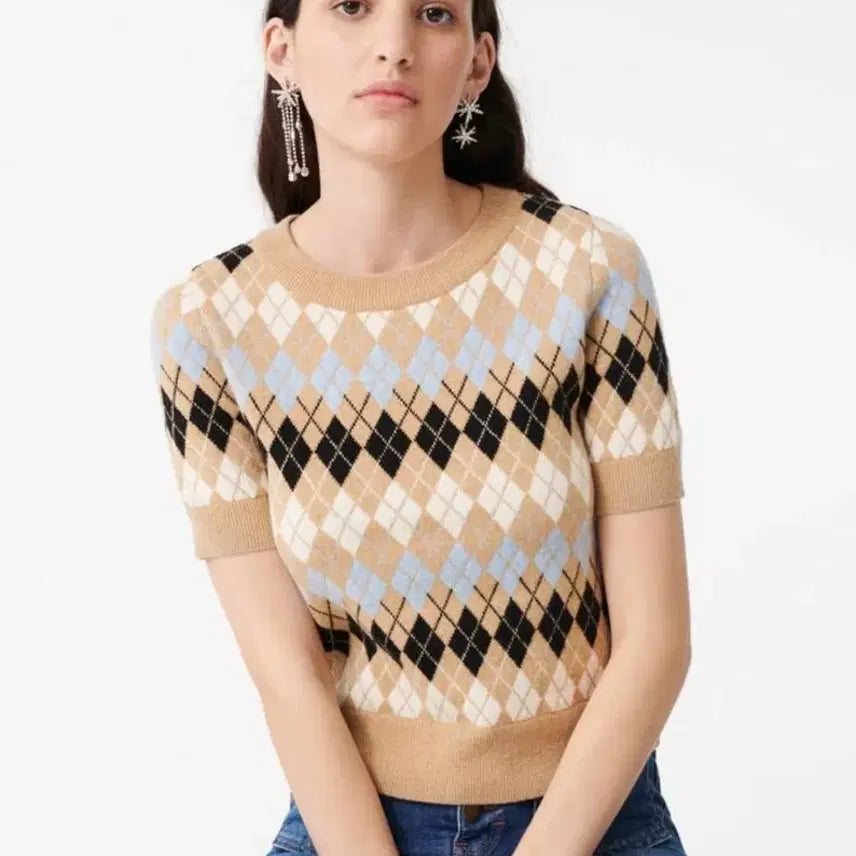 [BUNJANG] Maje Argyle Pattern Short Sleeve Knit Top Size 1 / 마쥬 아가일 패턴 반팔 니트 (사이즈 1)
