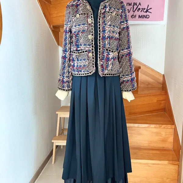 [BUNJANG] Tweed Jacket with Check Pattern and Gold Buttons / 트위드 자켓