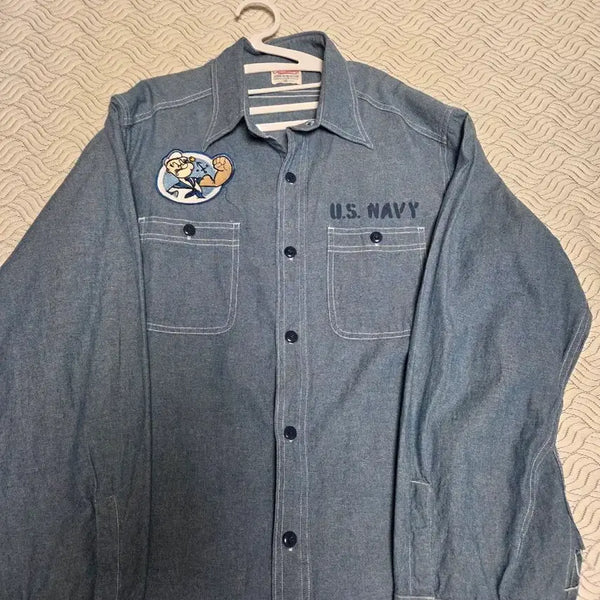 [BUNJANG] Outstanding U.S. NAVY Patchwork Denim Shirt / 아웃스탠딩 NAVY 셔츠 팝아이 패치 워크남방