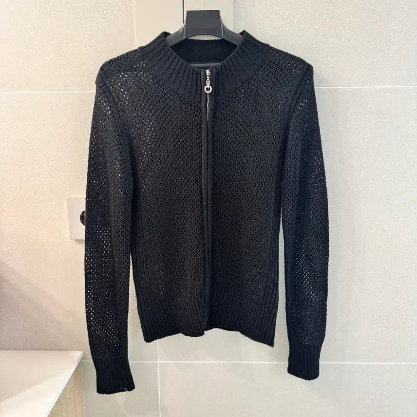 [BUNJANG] Black Mesh Knit Zip-Up / 블랙 메쉬 니트집업