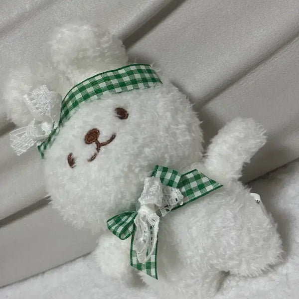 [BUNJANG] White Bear Doll Keychain with Green Check Ribbon / 하얀색 곰돌이 인형 초록 체크 키링