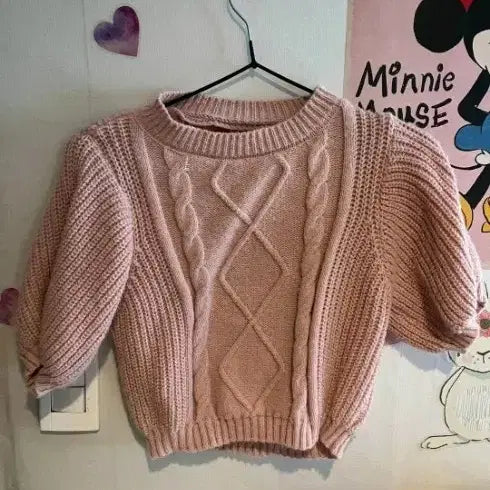 [BUNJANG] Pink Cable Knit Short Sleeve Sweater / 핑크색 케이블 니트 반팔스웨터 새거