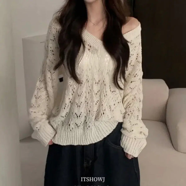 [BUNJANG] Avery V-neck Net Knit Ivory / 에이블리 브이넥 그물니트 아이보리