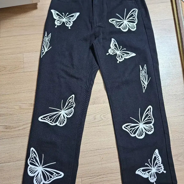 [BUNJANG] Black Butterfly Pattern Denim Pants - Size 27 / 검정색 나비 패턴 데님 팬츠 27