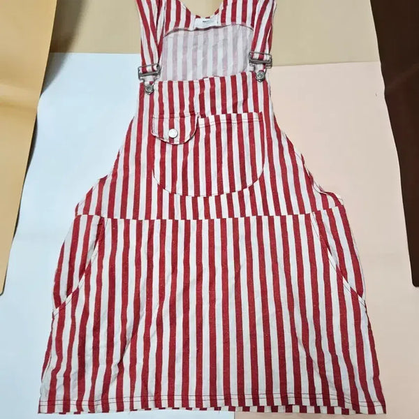 [BUNJANG] Red Striped Strap Mini Dress / 레드 줄무늬 스트라이프 멜빵 원피스