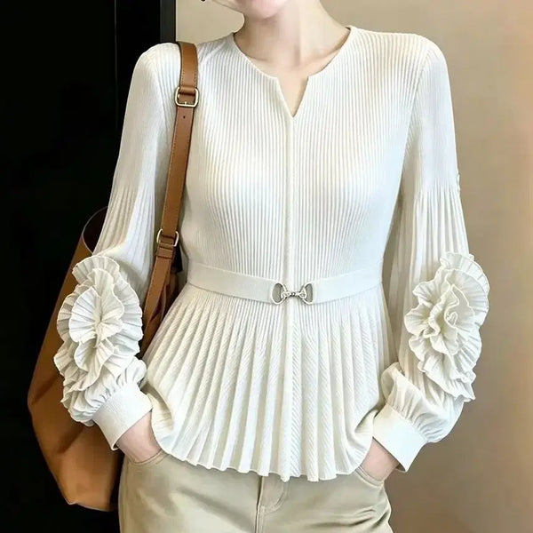 [BUNJANG] Pleated 3D Flower Ruffle Belt Blouse / 새상품 플리츠 입체꽃프릴 벨트 블라우스 파티모임공연연주댄스출근정장하객룩