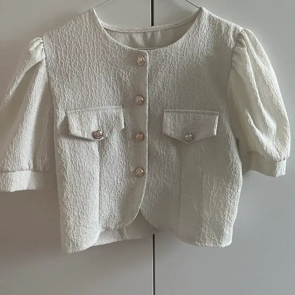 [BUNJANG] Women's Puff Sleeve Blouse with Subtle Pattern / 반팔 블라우스