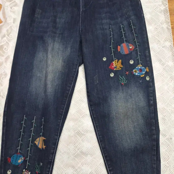 [BUNJANG] Embroidered Fish Denim Pants / 청바지 물고기 자수 데님 팬츠