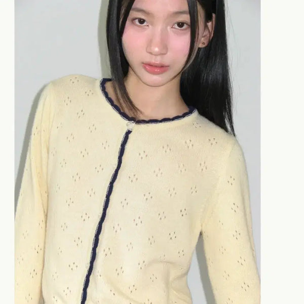[BUNJANG] Ronron Heart Button Scotch Knit Cardigan / 론론 하트 버튼 스카치 니트 가디건