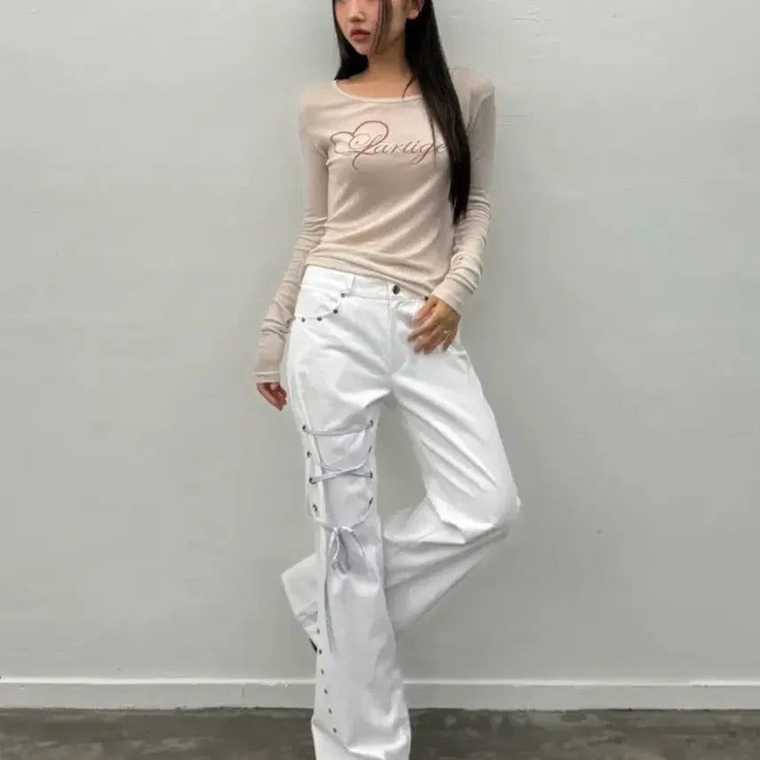 [BUNJANG] Latizen Ribbon Bootcut Pants White S / 라티젠 리본 부츠컷 팬츠 화이트 S (새상품)