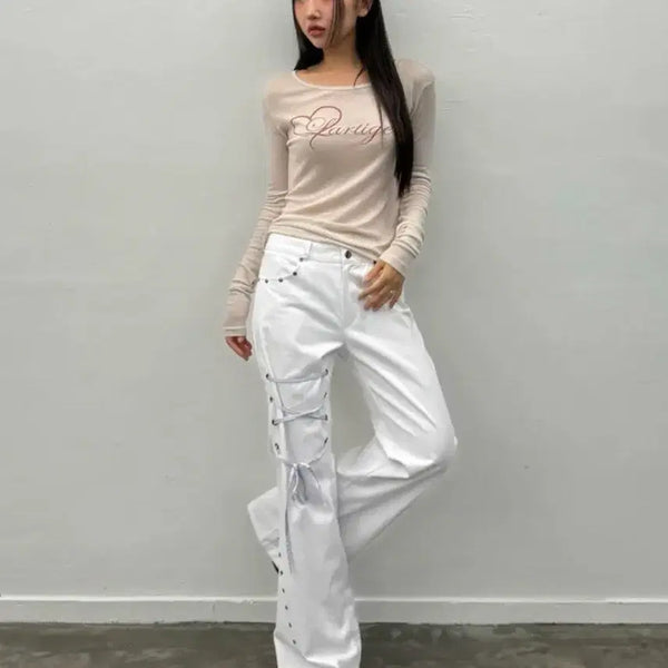 [BUNJANG] Latizen Ribbon Bootcut Pants White S / 라티젠 리본 부츠컷 팬츠 화이트 S (새상품)