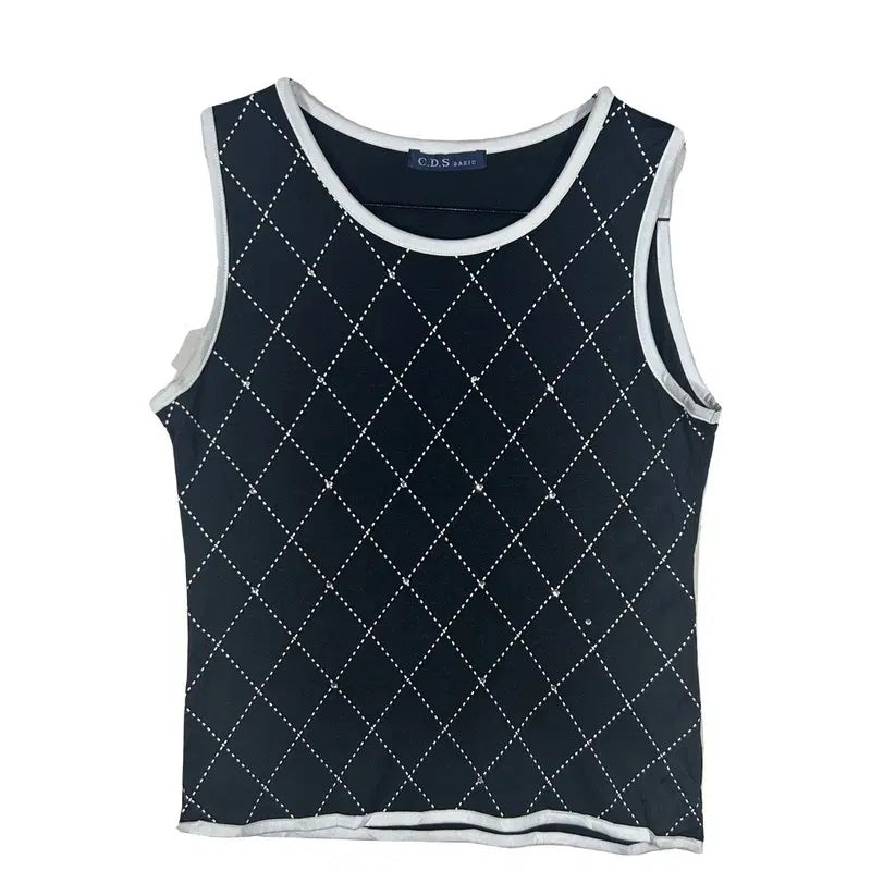 [BUNJANG] C.D.S Basic Black Argyle Pattern Sleeveless Top [L] / C.D.S BASIC 블랙 아가일 패턴 나시 민소매 티 [L]올드머니룩 레이온 혼방