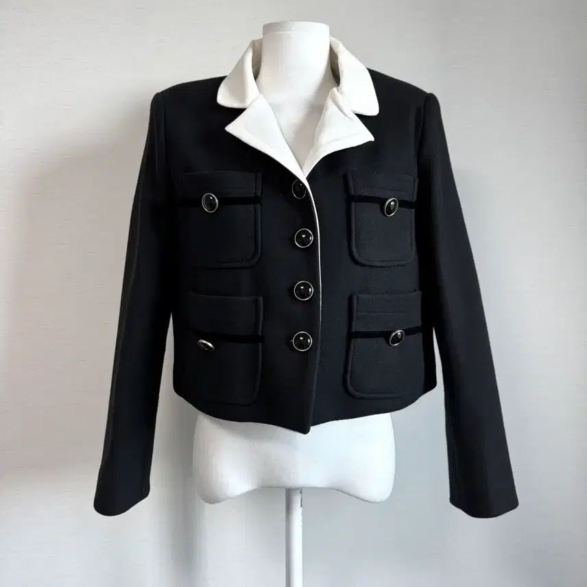 [BUNJANG] Classic Color-Block Collar Crop Jacket / 클래식 배색 카라 크롭 자켓