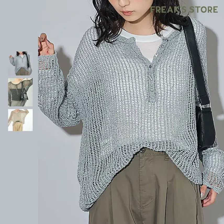 [BUNJANG] Freaks Store Mesh Henley Neck Summer Knit / 프릭스 스토어 메시 헨리넥 여름 니트