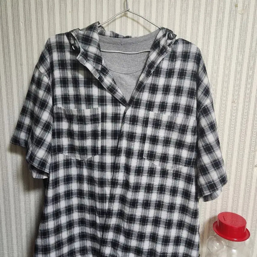 [BUNJANG] Check Pattern Short-Sleeve Hooded Shirt / 체크 반팔 후드 셔츠