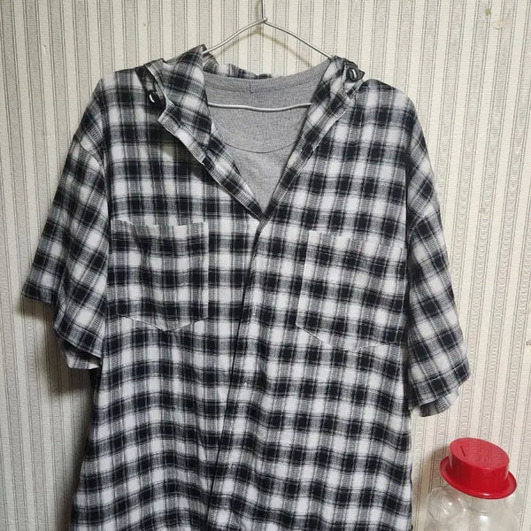 [BUNJANG] Check Pattern Short-Sleeve Hooded Shirt / 체크 반팔 후드 셔츠