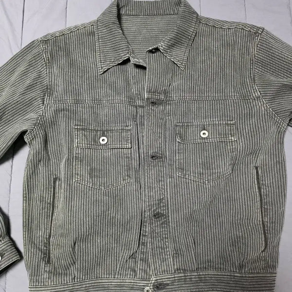 [BUNJANG] Polilu Used Trucker Jacket Stripe Grey Size 2 / 폴리테루 유즈드 트러커 자켓 스트라이프 그레이 2사이즈