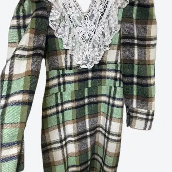 [BUNJANG] Check Pattern Collar Lace Long Dress / 체크 패턴 카라 레이스 원피스