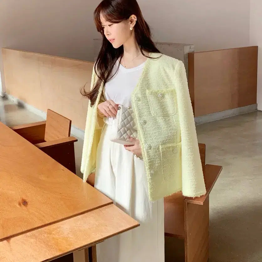[BUNJANG] Byssiny Candy Tweed Jacket Yellow Lemon V-Neck Collarless / 바이씨니 by ssiny 캔디 트위드 자켓 옐로우 레몬 브이넥 노카라 하객룩 출근룩