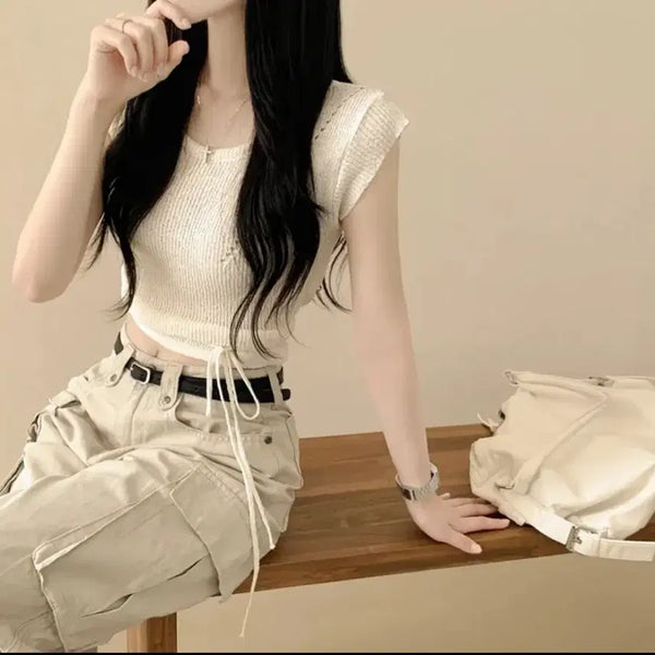[BUNJANG] Women's Knit Crop Top with Shirring Strings / 여성 니트 크롭 탑 셔링 스트링