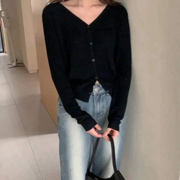 [BUNJANG] Deep V-Neck Layered Cardigan Black / 딥 브이넥 레이어드 가디건 블랙