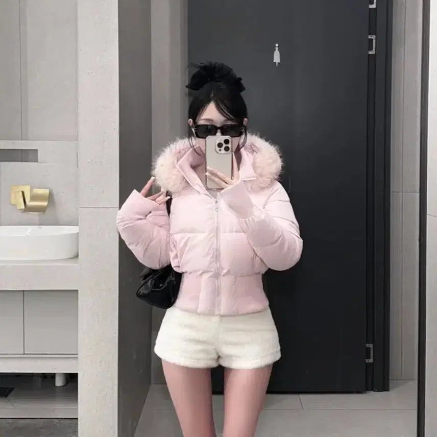 [BUNJANG] Avely Bebe Pink Fur Hood Short Padding / 에이블리 베베 핑크 퍼후드 숏패딩
