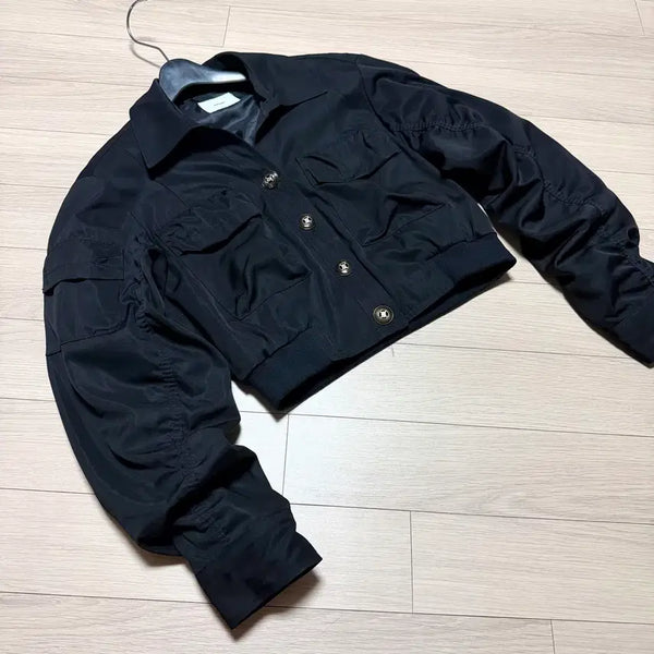 [BUNJANG] N.sharp Cropped Shirring Glossy Bomber Jacket Black / 제평 N.sharp 크롭 셔링 글로시 항공점퍼 봄버 셔츠형 자켓 블랙 검정