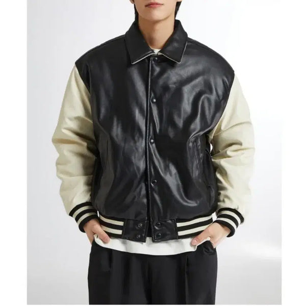 [BUNJANG] Baseball Jacket Black and White Color Block Leather Jacket / 베이스볼 점퍼 검흰 배색 가죽 자켓