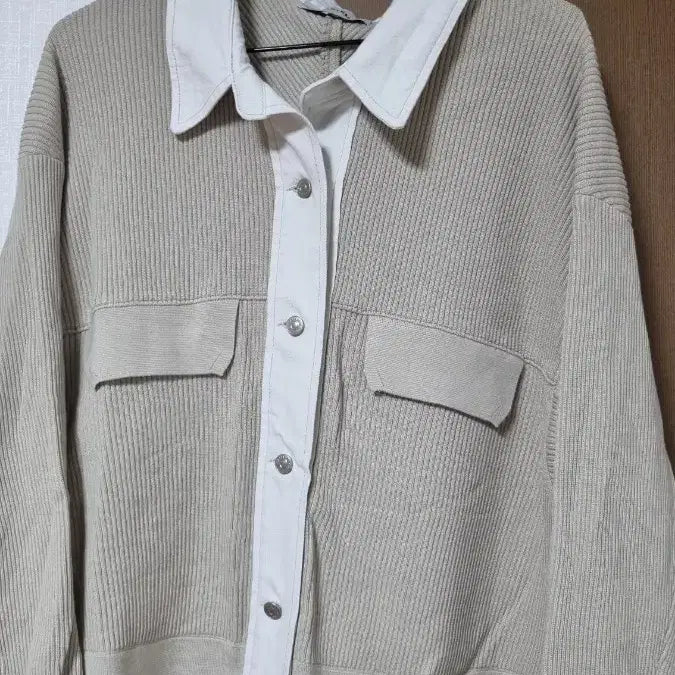 [BUNJANG] System Denim Color Block Cardigan Jacket Beige / 시스템니트  데님배색 카라자켓 프리