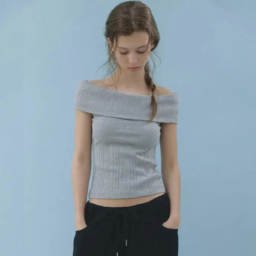 [BUNJANG] Off-the-Shoulder Ribbed Knit Grey / 오프숄더 니트