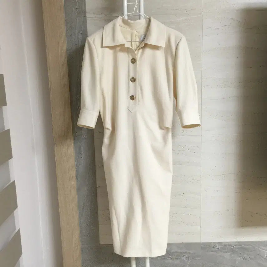 [BUNJANG] Objet 22k Gold Button Shirring Long Dress / 오브제 22 금장단추 셔링 롱 원피스 66