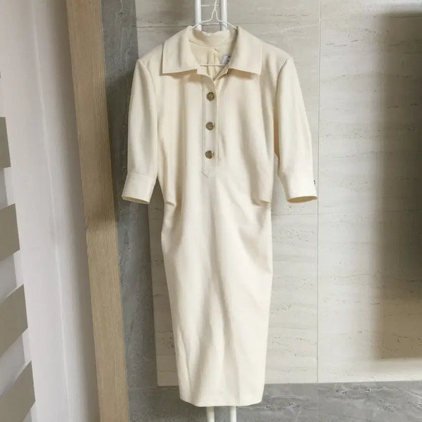[BUNJANG] Objet 22k Gold Button Shirring Long Dress / 오브제 22 금장단추 셔링 롱 원피스 66