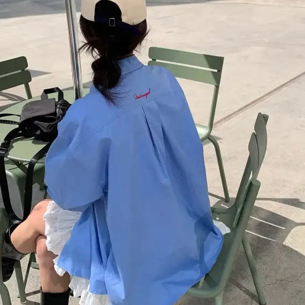 [BUNJANG] Oversized Shirt with Embroidered Logo / 새상품 루즈핏 셔츠 빅사이즈 가능 뒷 자수 로고 55-88