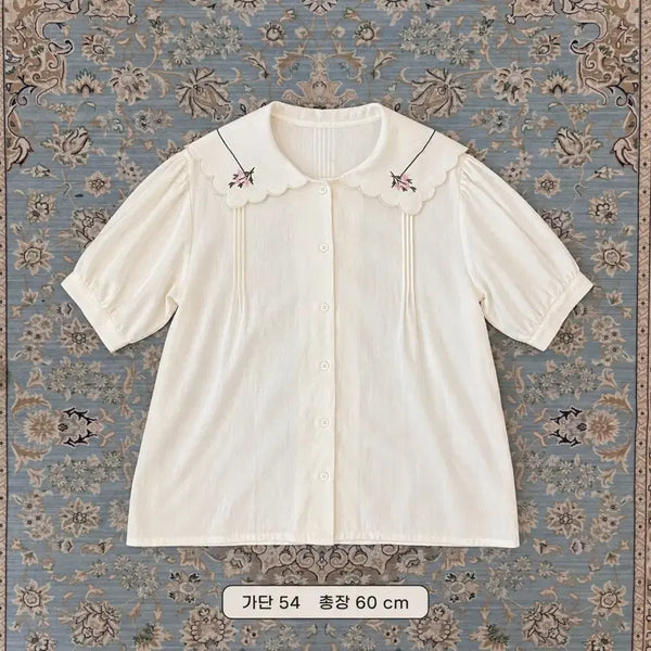 [BUNJANG] Ivory Round Collar Embroidered Blouse / 아이보리 둥근 카라 자수 블라우스