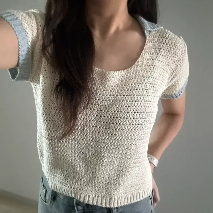 [BUNJANG] Twelve Cara Color Block Knit Short Sleeve / 투웰브 카라 배색 니트 반팔 새상품