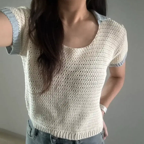 [BUNJANG] Twelve Cara Color Block Knit Short Sleeve / 투웰브 카라 배색 니트 반팔 새상품