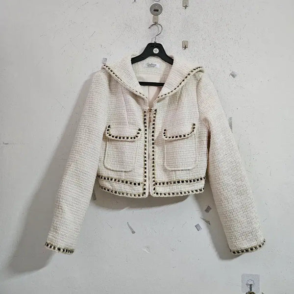 [BUNJANG] Tweed Hooded Zip-Up Jacket - White / 트위드 후드 집업 재킷 화이트