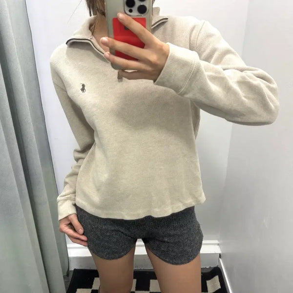 [BUNJANG] Beige Polo Half-Zip Knitwear / 베이지 폴로 반집업니트