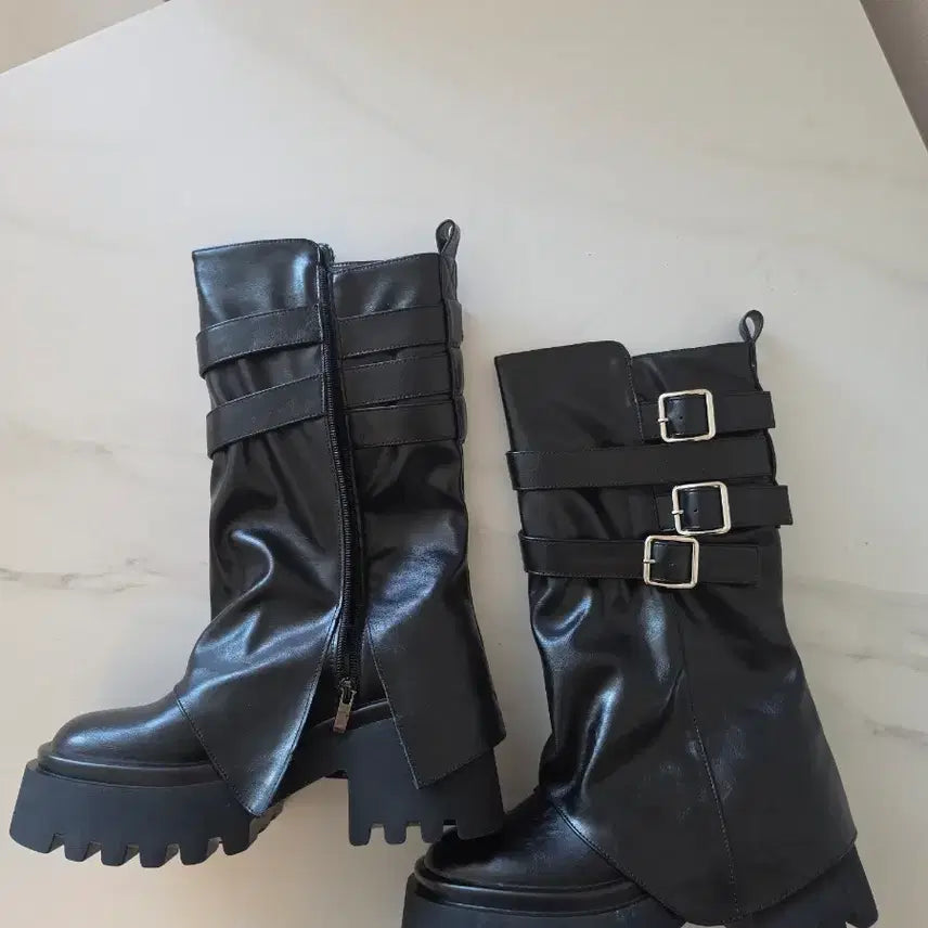 [BUNJANG] Leather Platform Velcro Walker Boots / 464.(240mm)가죽 통굽 밸크로 워커 부츠 전투화