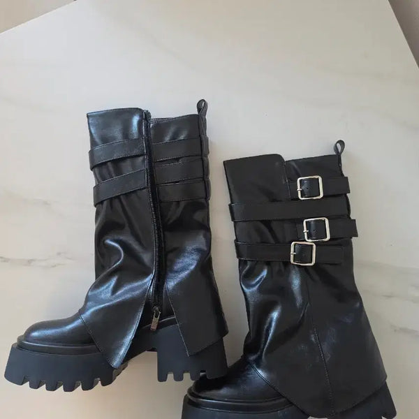 [BUNJANG] Leather Platform Velcro Walker Boots / 464.(240mm)가죽 통굽 밸크로 워커 부츠 전투화