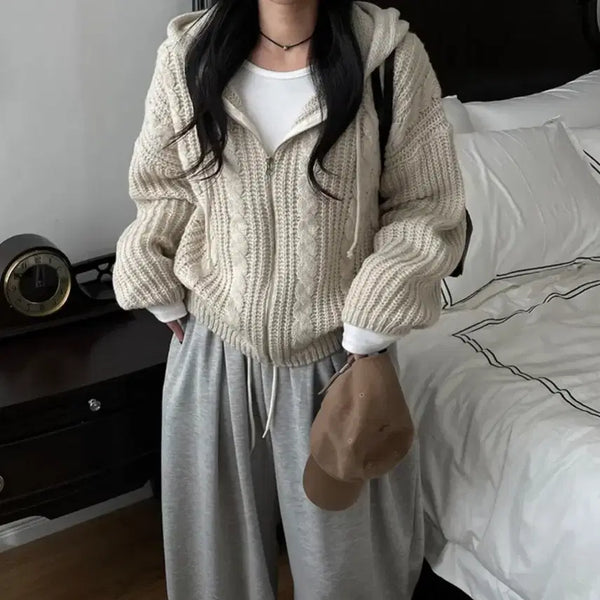 [BUNJANG] Cable Knit Oversized Hoodie Zip-Up Ivory / 도톰 아방핏 꽈배기 니트 후드집업 아이보리 (1회 착용)