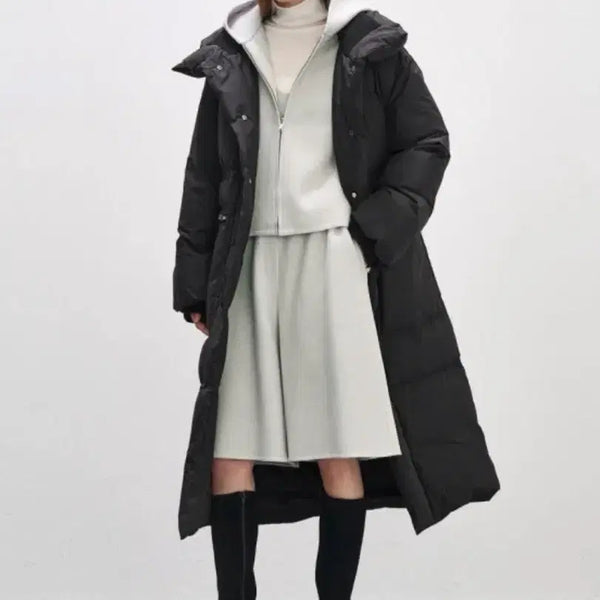[BUNJANG] SYSTEM Drawstring Goose Down Long Padding High Neck Jumper Black / 한섬 시스템 SYSTEM 드로우 스트링 구스다운 롱패딩 하이넥점퍼 블랙