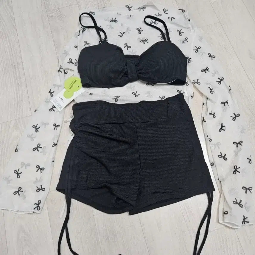 [BUNJANG] Ribbon Pattern See-through Rash Guard Swimsuit Set / [새상품]리본 패턴 시스루 래쉬가드 수영복 세트