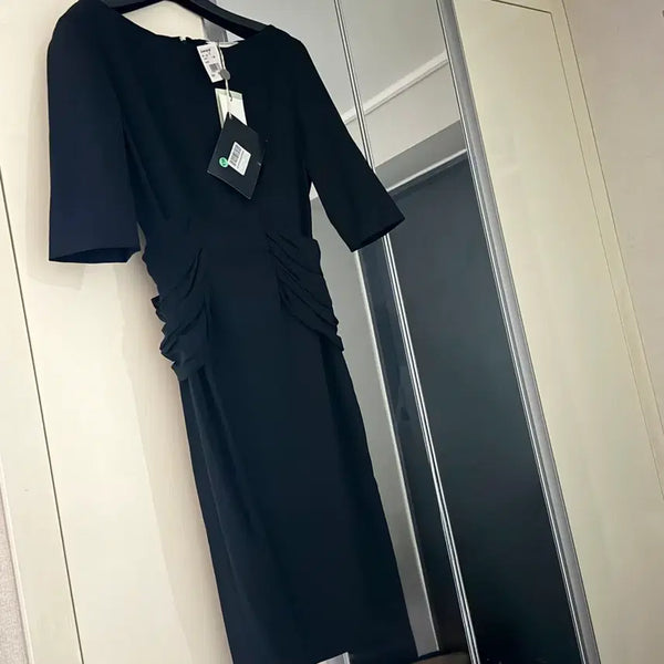 [BUNJANG] Pierre Balmain Black Boatneck Shirred Dress / 정품 새상품) 피에르 발망 보트넥 셔링 드레스 블랙 검정 반팔 원피스 하객룩 돌잔치 행사 정장 연주회 졸업식