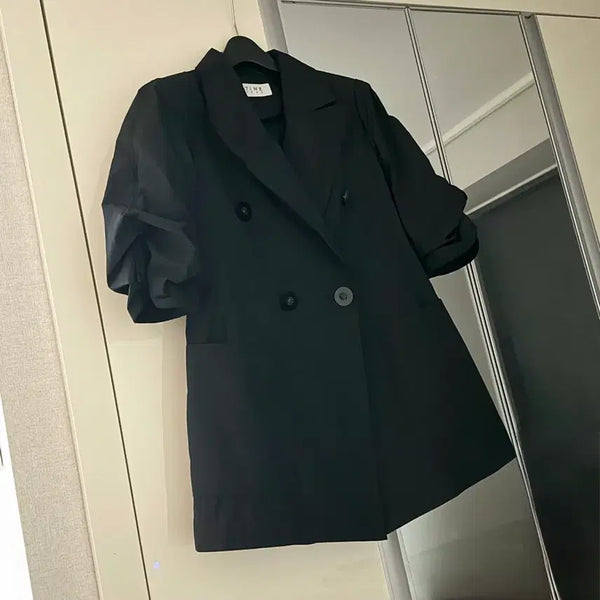 [BUNJANG] TIME Signature Trench Jacket (Black, Size 55) / 한섬 타임 TIME 시그니처 바스락 셔링 소매 트렌치 자켓 블랙 슬리브 포인트 재킷 5부 반팔