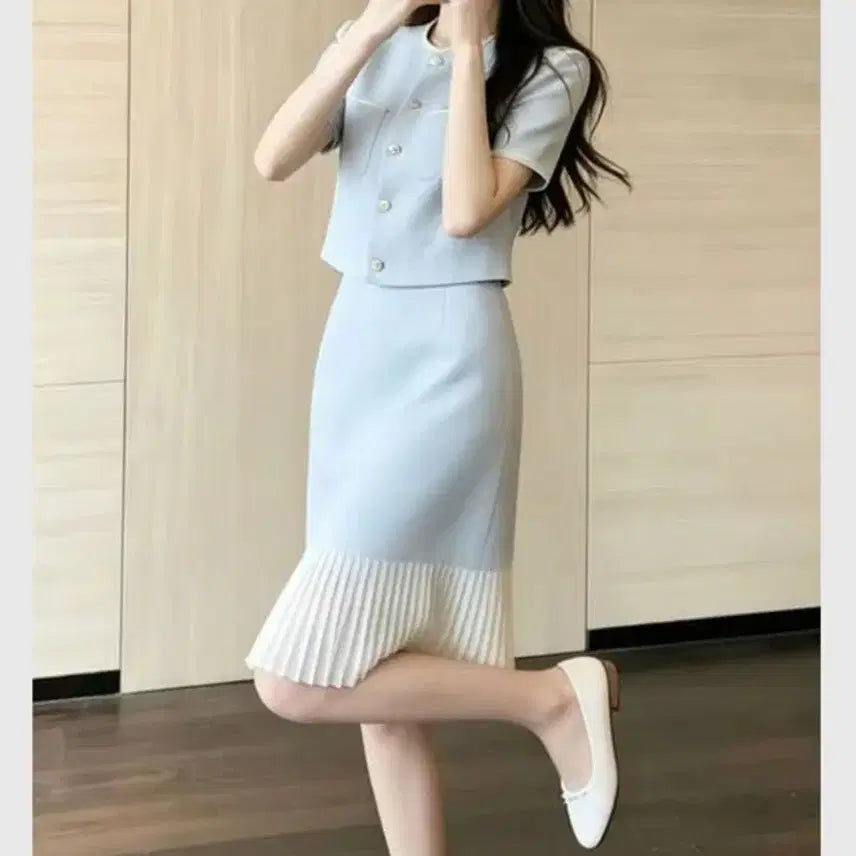[BUNJANG] Short Sleeve Jacket + Pleated Skirt Set - Medium / 반팔 자켓+플리츠 스커트 세트-M