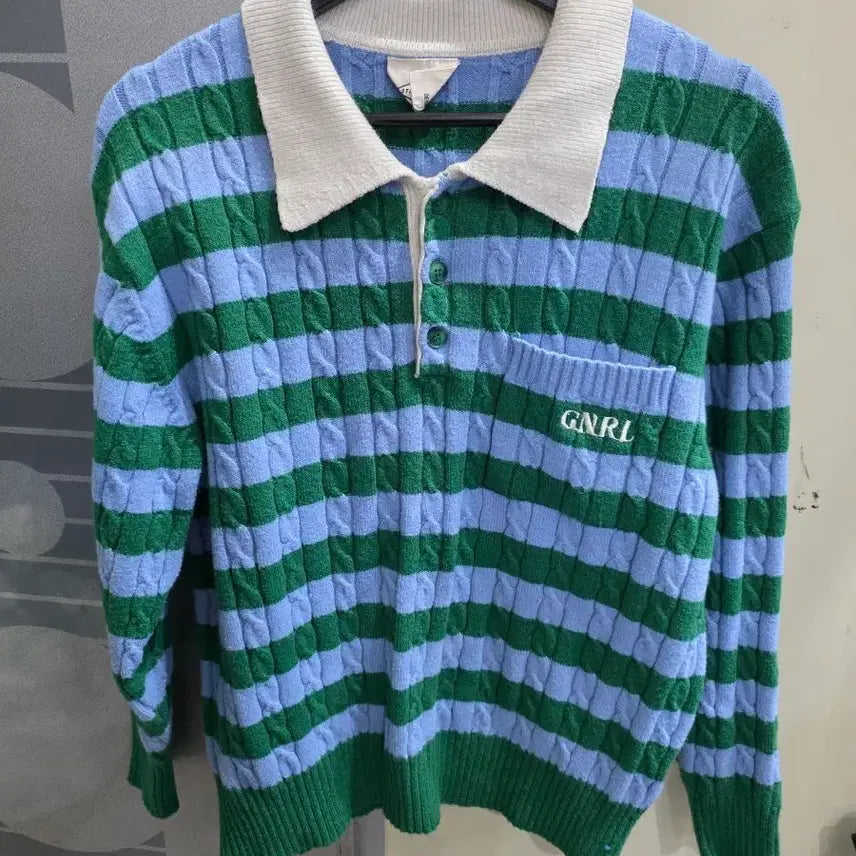 [BUNJANG] General Idea Striped Cable Knit Sweater - Size M / 제네럴 아이디어  카라. 니트. M 공용