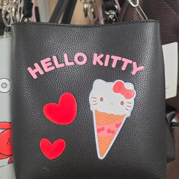 [BUNJANG] Hello Kitty Ice Cream Heart Pattern Black Tote Bag / 헬로키티 아이스크림 하트 패턴 블랙 토트백